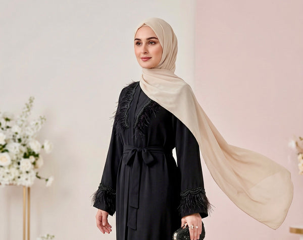 Feather Trim Abaya Dress