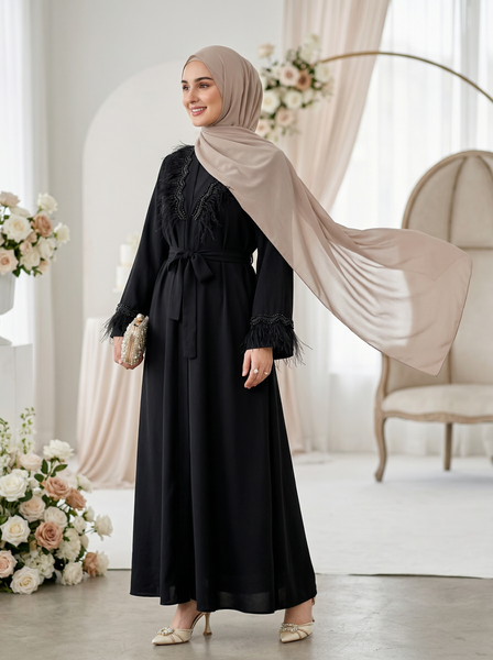 Feather Trim Abaya Dress