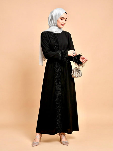Feather Trim Abaya Dress