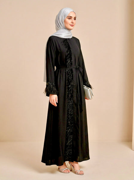Feather Trim Abaya Dress