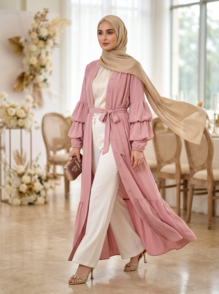 Pink Ruffled Sleeve Abaya